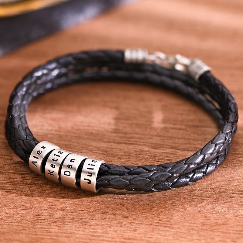 Men's Black Leather Bracelet – Customizable with Silver or Gold Finishes 